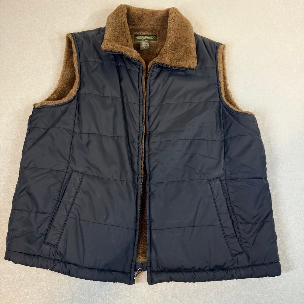 Eddie Bauer Quilted Vest Fur Lined Collar Puffer Sleeveless Dark Blue Size L
